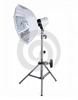 Studio Flash with Softbox on Tripod Isolated on White