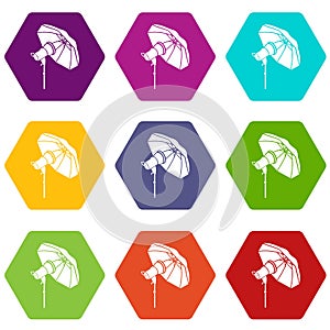 Studio flash with umbrella icons set 9 vector