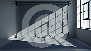 Studio with grey backdrop and dramatic window light shadows