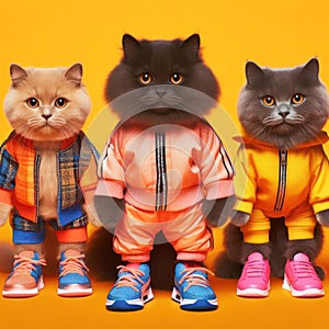 Studio group photo portrait of cute cats dressed in sporty steetwear