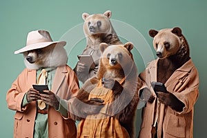 Studio group photo portrait of four bears dressed in bright colored clothes, created with Generative AI technology