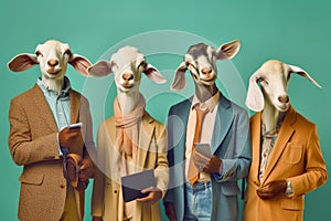 Studio group photo portrait of four five goats in bright colored clothes, created with Generative AI technology