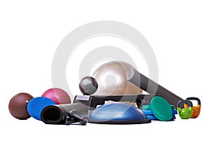 Studio, gym equipment and fitness in mockup for sport, training and exercise for health lifestyle. Hand weights