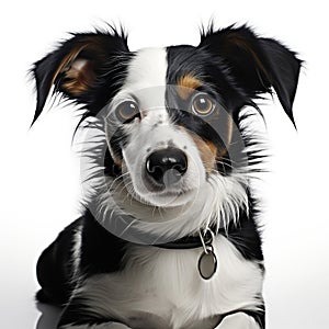 studio headshot portrait of black and white dog