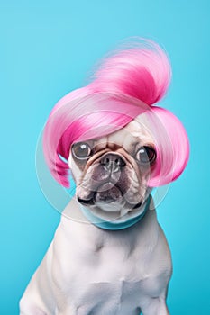 Studio headshot of a pug animal dog in pink fashion outfit and funny hairstyle. Man-like funny pets