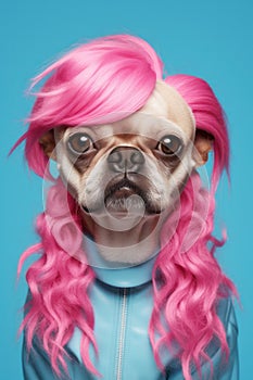 Studio headshot of a pug animal dog in pink fashion outfit and funny hairstyle. Man-like funny pets