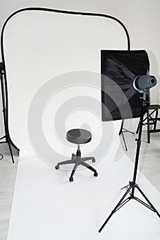 Studio interior setup equipment for object and people picture in white background