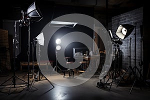 Studio lighting room  on black brick wall. Generate Ai