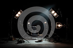 Studio lighting room isolated on black background with leather chair. Generate Ai