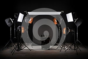 Studio lighting room isolated on black photo stand. Generate Ai