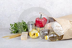 studio lighting. set of products. Cereals, canned food in metal cans. Concept, subsidy of a necessary set of food for life.