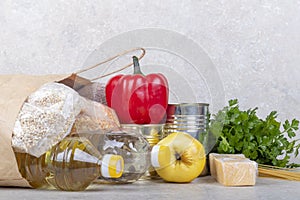 studio lighting. set of products. Cereals, canned food in metal cans. Concept, subsidy of a necessary set of food for life