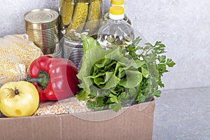 studio lighting. set of products. Cereals, canned food in metal cans. Concept, subsidy of a necessary set of food for life