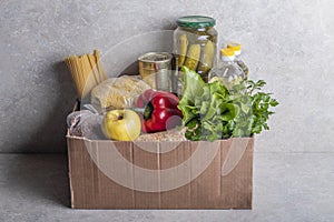 studio lighting. set of products. Cereals, canned food in metal cans. Concept, subsidy of a necessary set of food for life