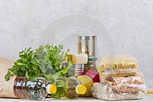 studio lighting. set of products. Cereals, canned food in metal cans. Concept, subsidy of a necessary set of food for life
