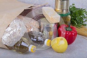 Studio lighting. set of products. Cereals, canned food in metal cans. Concept, subsidy of a necessary set of food for life.