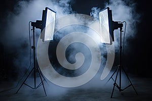 Studio Lighting Setup Two LED Panels on Stands with Dramatic Smoke Effect, Dark Backdrop