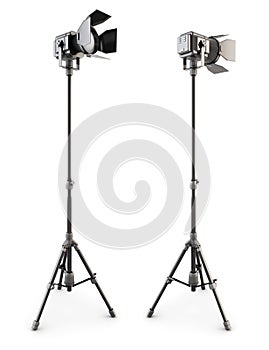Studio lighting on tripod on a white. 3d.