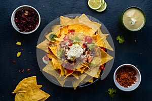 Studio lit display of nachos, a tasty snack for sharing