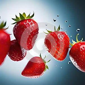 Studio lit strawberries falling in the air with drops of water