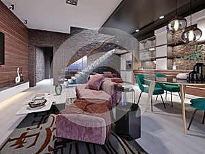 Studio loft design with staircase and dark brick wall. Living room with burgundy upholstered furniture and a modern kitchen