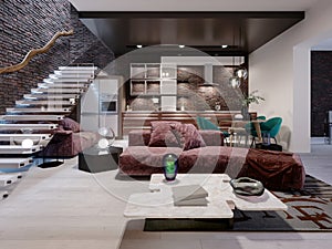 Studio loft design with staircase and dark brick wall. Living room with burgundy upholstered furniture and a modern kitchen