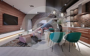 Studio loft design with staircase and dark brick wall. Living room with burgundy upholstered furniture and a modern kitchen