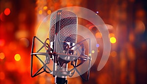 Studio microphone on blurred background with audio mixer, music concept and recording gear