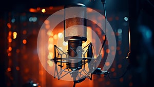 Studio microphone with blurred background and audio mixer musical instrument concept