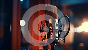 Studio microphone on blurred backgroundmusical instrument concepthigh quality recording.