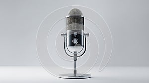Silver and black studio microphone on a stand against a white background recording equipment