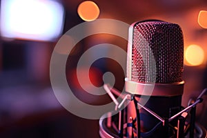 Studio microphone close-up with warm bokeh lights, capturing the essence of podcast recording