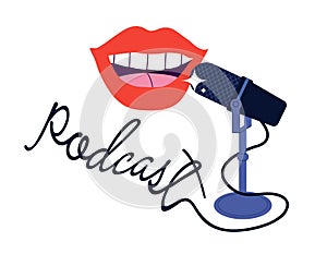 Studio microphone,lips and lettering podcast vector.