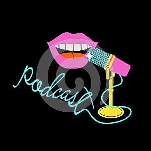 Studio microphone,lips and lettering podcast vector illustration.Podcast avatar or logo.