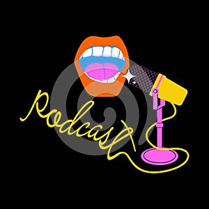 Studio microphone,lips and lettering podcast vector illustration.Podcast avatar or logo.