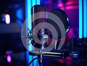 Studio Microphone, Podcast Equipment Close-up in Neon LED Lights, Recording Studio,ai generated