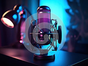 Studio Microphone, Podcast Equipment Close-up in Neon LED Lights, Recording Studio,ai generated