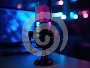 Studio Microphone, Podcast Equipment Close-up in Neon LED Lights, Recording Studio,ai generated