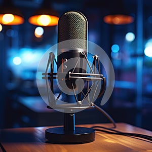 Studio Microphone, Podcast Equipment Close-up in Neon LED Lights, Recording Studio,ai generated