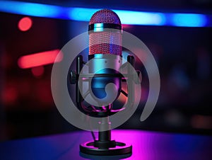 Studio Microphone, Podcast Equipment Close-up in Neon LED Lights, Recording Studio,ai generated