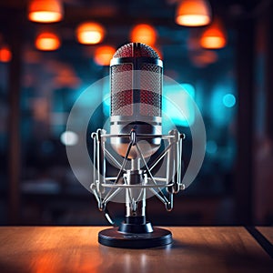 Studio Microphone, Podcast Equipment Close-up in Neon LED Lights, Recording Studio,ai generated