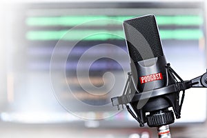 Studio microphone with a podcast icon