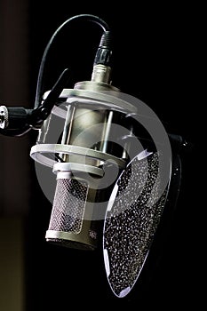 Studio Microphone with pop filter close-up