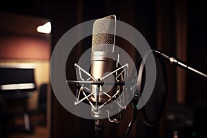 Studio microphone and pop shield on mic in the empty recording studio with copy space