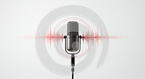 Studio Microphone with Red Soundwave on White Background