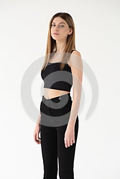 Studio model test, snap, polaroid. Beautiful young european woman on white background