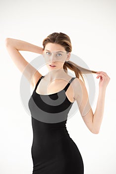 Studio model test, snap, polaroid. Beautiful young european woman on white background