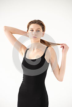 Studio model test, snap, polaroid. Beautiful young european woman on white background