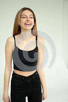 Studio model test, snap, polaroid. Beautiful young european woman on white background