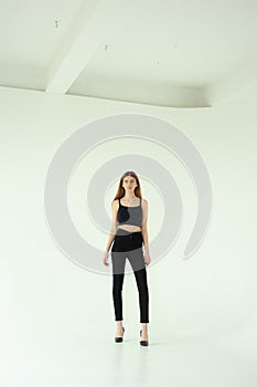 Studio model test, snap, polaroid. Beautiful young european woman on white background